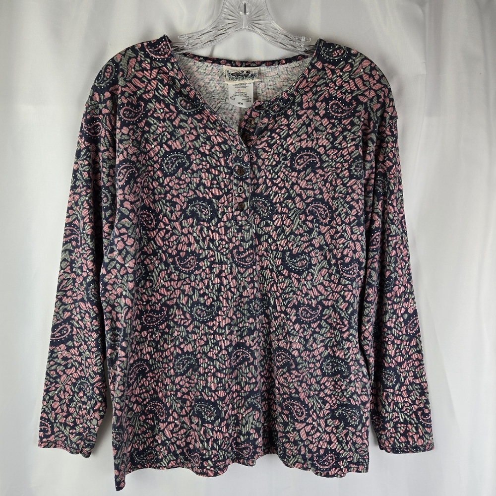 Vintage Northern Reflections Pink Navy Paisley Floral Henley Top Women Medium
